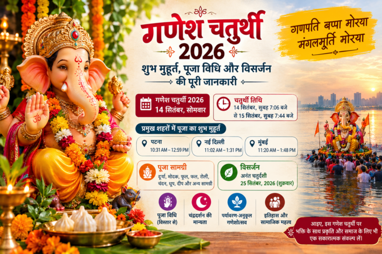 गणेश चतुर्थी 2026  शुभ मुहूर्त, पूजा विधि, स्थापना, व्रत, विसर्जन और भगवान गणेश की महिमा