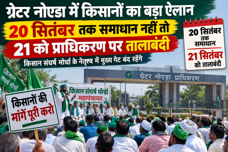 ग्रेटर नोएडा में किसानों का बड़ा ऐलान 20 सितंबर तक समाधान नहीं तो 21 को प्राधिकरण पर तालाबंदी