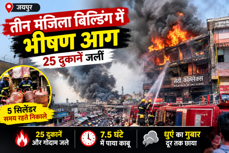 जयपुर में तीन मंजिला बिल्डिंग में भीषण आग, 25 दुकानें जलकर खाक; 5 सिलेंडर समय रहते निकाले गए