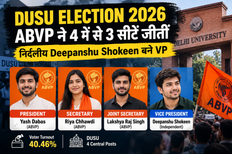 DUSU Election Result 2026: ABVP ने 4 में से 3 सीटें जीतीं, निर्दलीय Deepanshu Shokeen ने VP पद पर किया बड़ा उलटफेर
