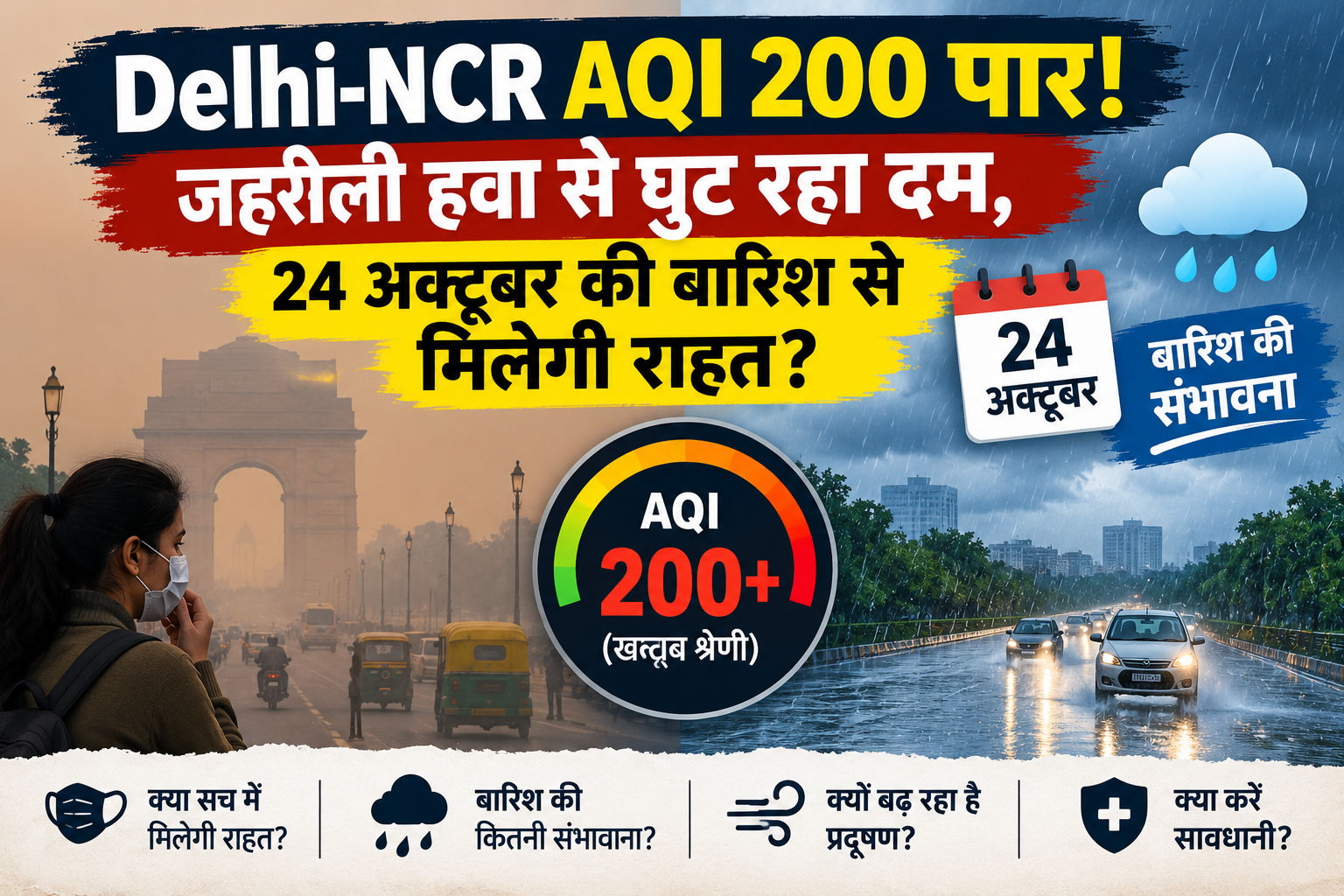 Delhi-NCR AQI 200 पार और बारिश से प्रदूषण में राहत की संभावना