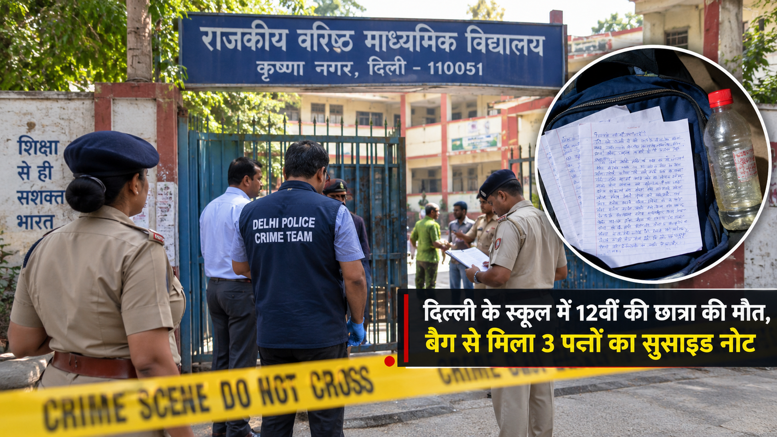 दिल्ली के कृष्णा नगर स्कूल में 12वीं की छात्रा की मौत के मामले में जांच करती पुलिस, बैग से मिला तीन पन्नों का कथित सुसाइड नोट।
