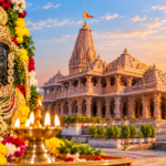 अयोध्या राम मंदिर और सुसज्जित रामलला की भव्य तस्वीर, सूर्यास्त के समय मंदिर का दृश्य।