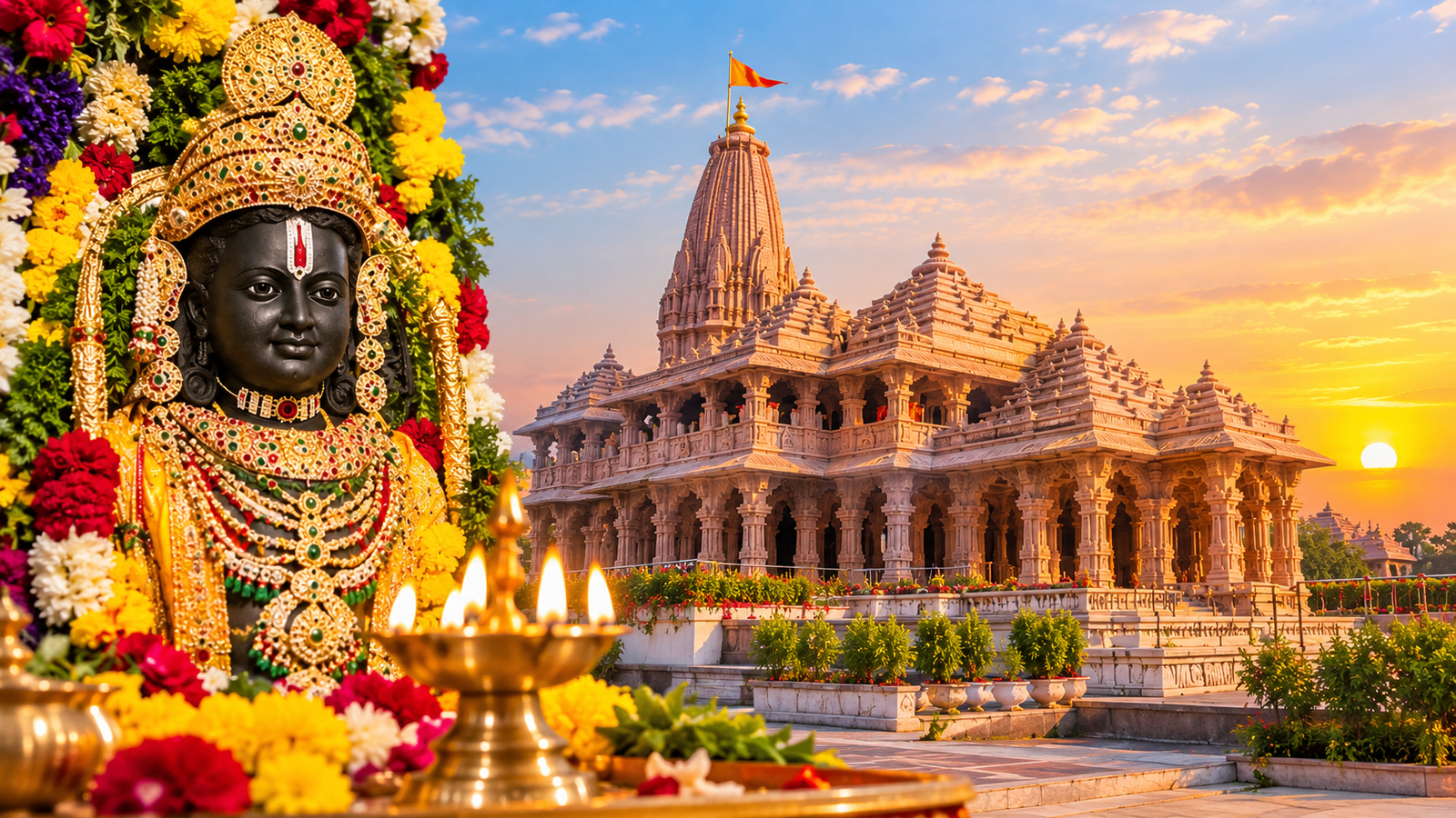 अयोध्या राम मंदिर और सुसज्जित रामलला की भव्य तस्वीर, सूर्यास्त के समय मंदिर का दृश्य।