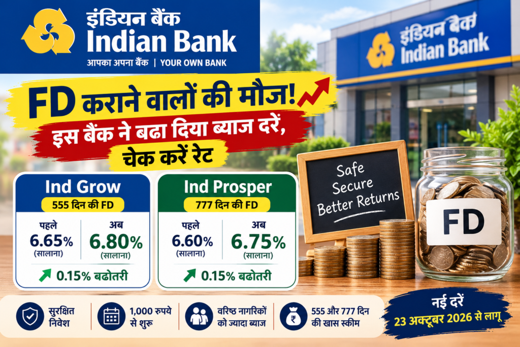 Indian Bank FD interest rates 2026, Ind Grow 555 days और Ind Prosper 777 days की नई ब्याज दरें