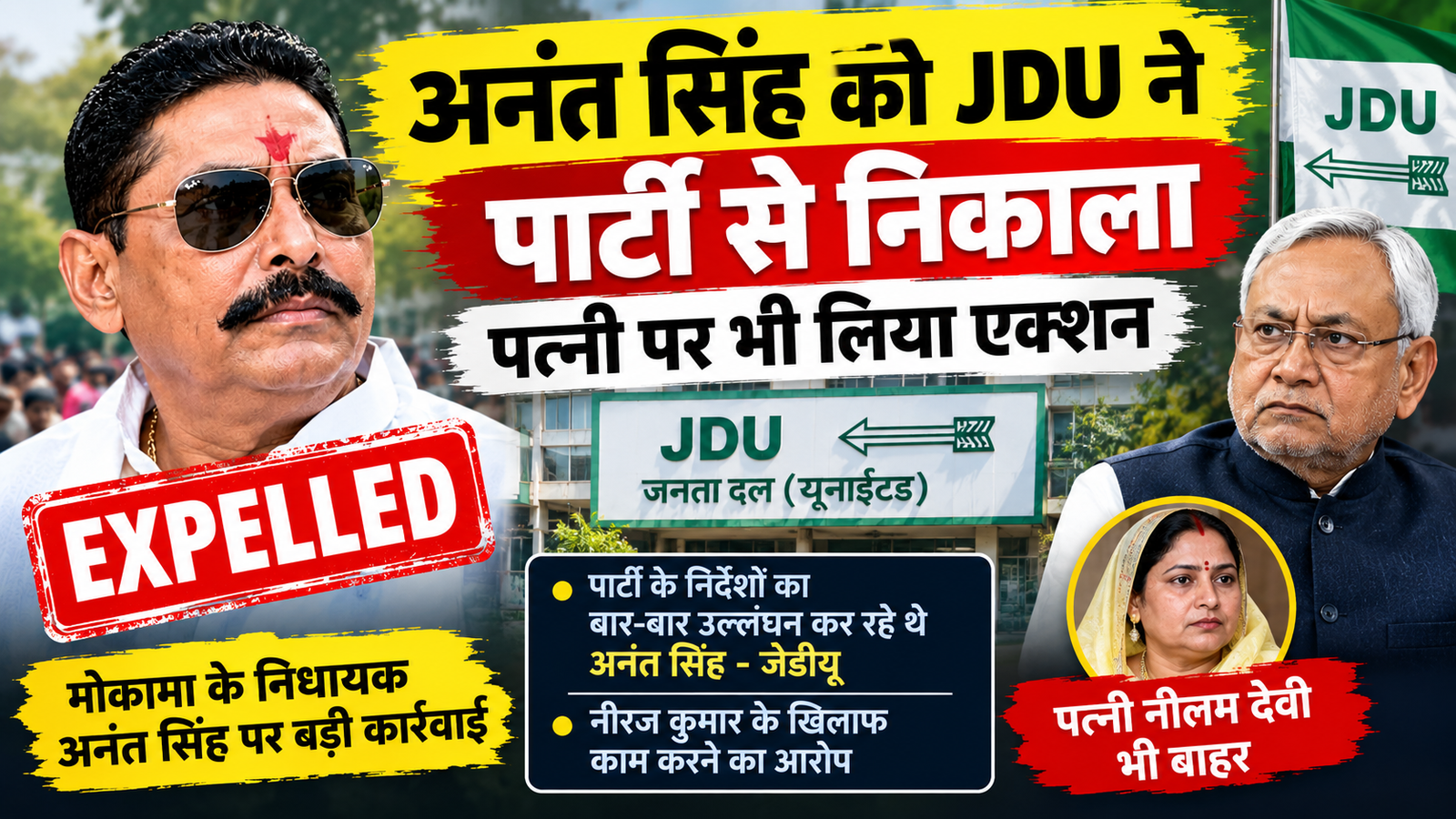 अनंत सिंह JDU से निष्कासित, पत्नी नीलम देवी पर भी कार्रवाई की खबर