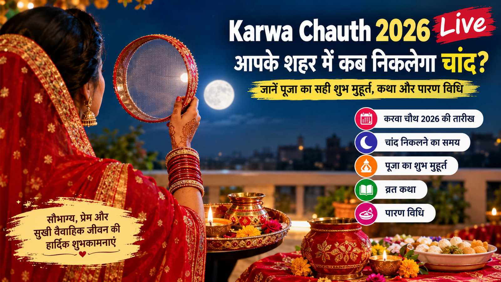 Karwa Chauth 2026 पूजा, चांद निकलने का समय और व्रत कथा