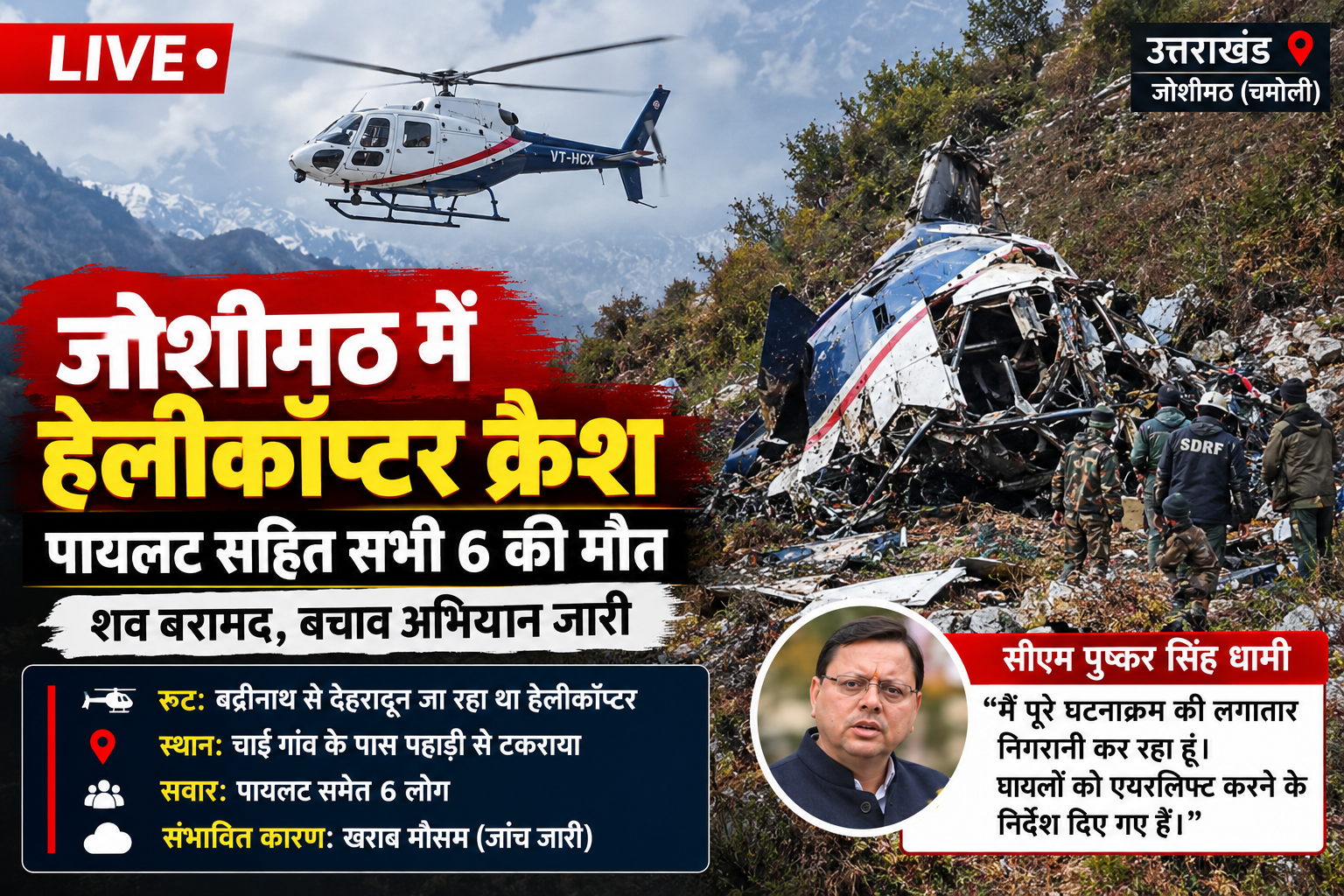Joshimath helicopter crash near Chai village in Chamoli Uttarakhand on October 30 2026