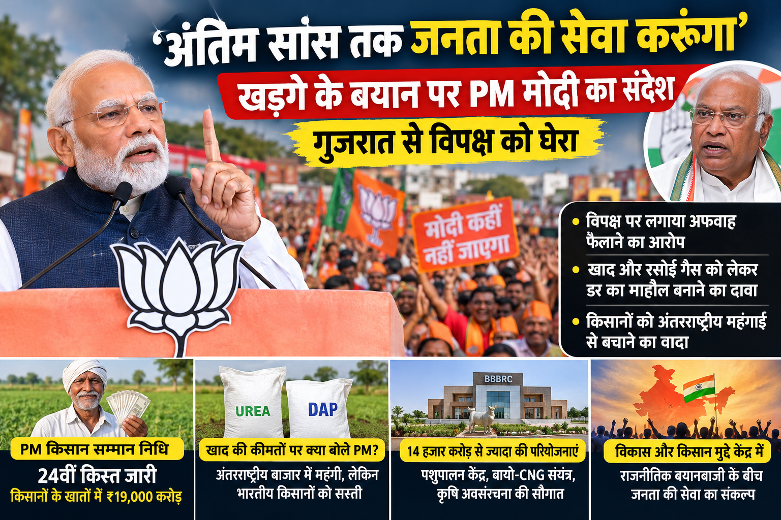 प्रधानमंत्री नरेंद्र मोदी गुजरात के बनासकांठा में जनसभा को संबोधित करते हुए, खड़गे के बयान पर दिया जनता की सेवा का संदेश और किसानों के मुद्दों पर विपक्ष को घेरा।